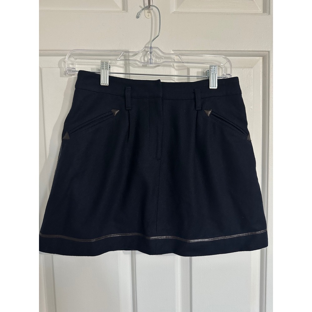 TOPSHOP Navy‎ Wool Blend Mini Skirt with Faux Leather Trim and Pockets Size US 6